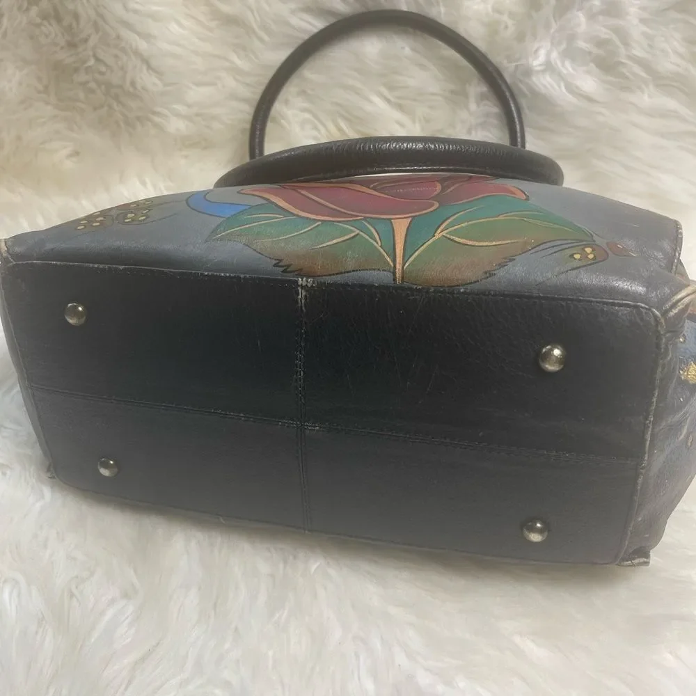 Hand-Painted Floral Leather Tote Bag - Gray